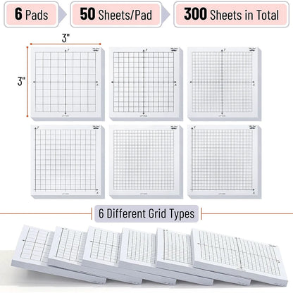 Graph Paper Sticky Notes 3x3 Inches, 6 Pads, White, 6 Designs, 300 Sheets Total
