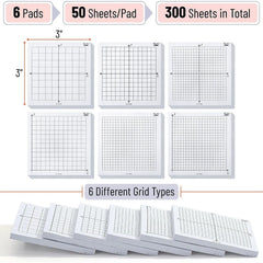 Graph Paper Sticky Notes 3x3 Inches, 6 Pads, White, 6 Designs, 300 Sheets Total