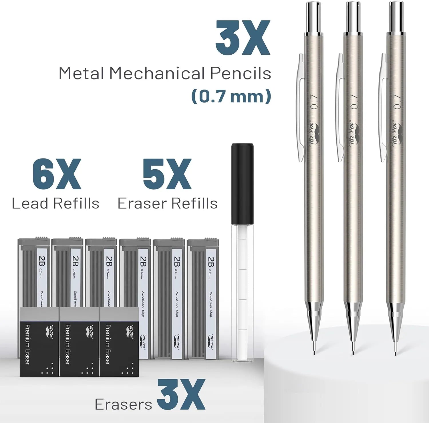Metal Mechanical Pencil Set - 0.7mm, 3 Pack with Leads & Erasers