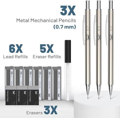 Metal Mechanical Pencil Set - 0.7mm, 3 Pack with Leads & Erasers