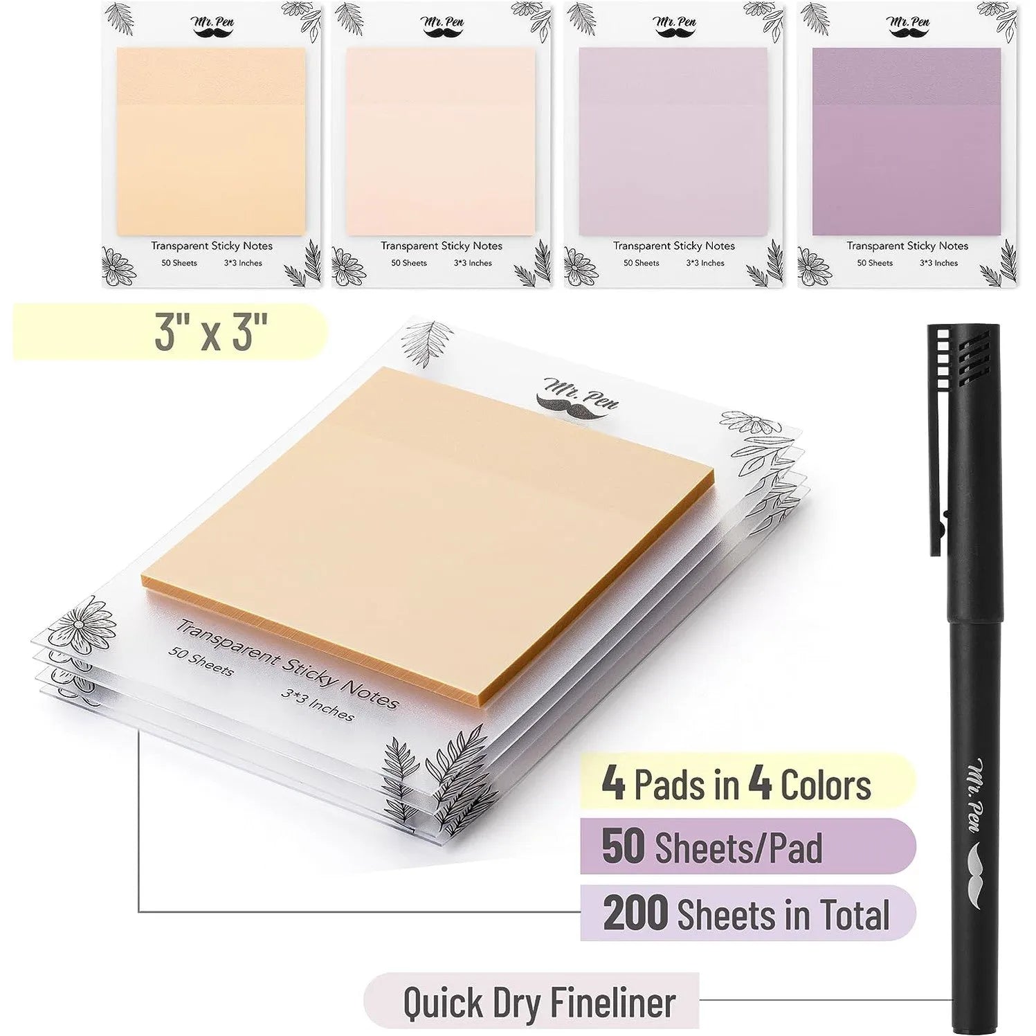 Transparent Sticky Notes 3x3 Inches, 200 Sheets, Pastel Colors, 4 Pads with Quick-Dry Pen
