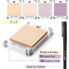 Transparent Sticky Notes 3x3 Inches, 200 Sheets, Pastel Colors, 4 Pads with Quick-Dry Pen
