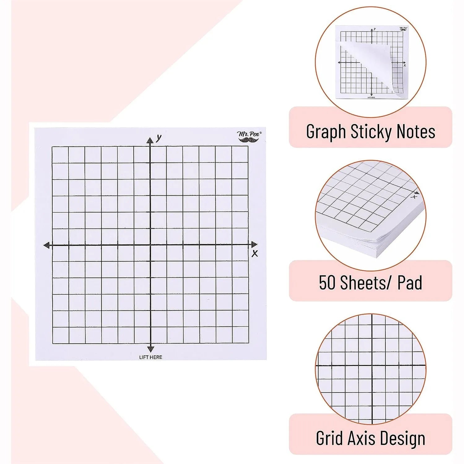 Graph Paper Sticky Notes 3x3 Inches, 6 Pads, White, 6 Designs, 300 Sheets Total