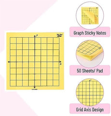 Graph Paper Sticky Notes 3x3, 6 Pads, Bright Colors, 300 Sheets