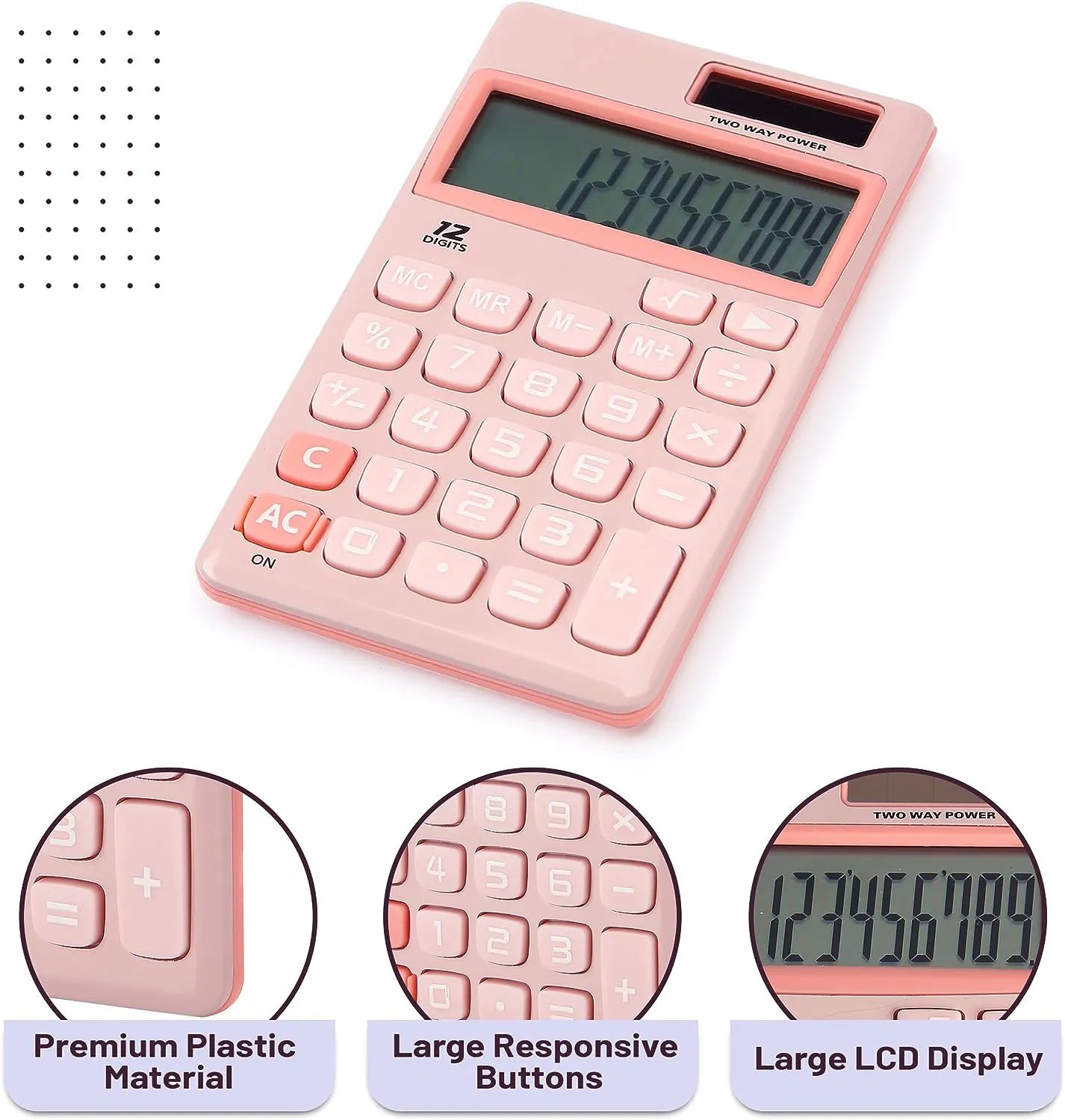 Cute Basic Calculator - 12-Digit, Light Pink, Solar Powered, Handheld