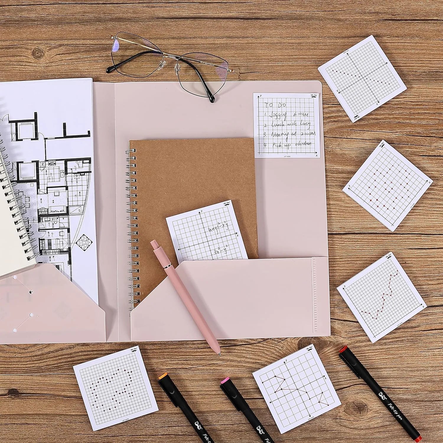 Graph Paper Sticky Notes 3x3 Inches, 6 Pads, White, 6 Designs, 300 Sheets Total