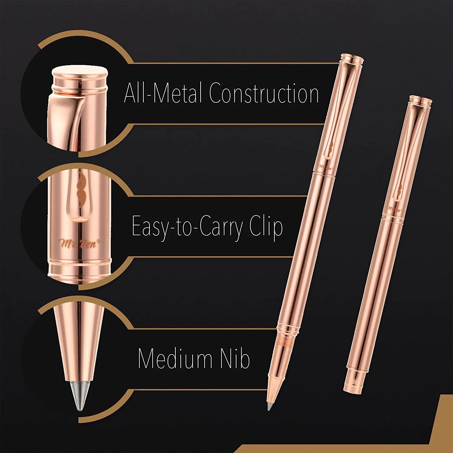 Luxury Rose Gold Executive Pen with Fine Point Black Ink and Extra Refill