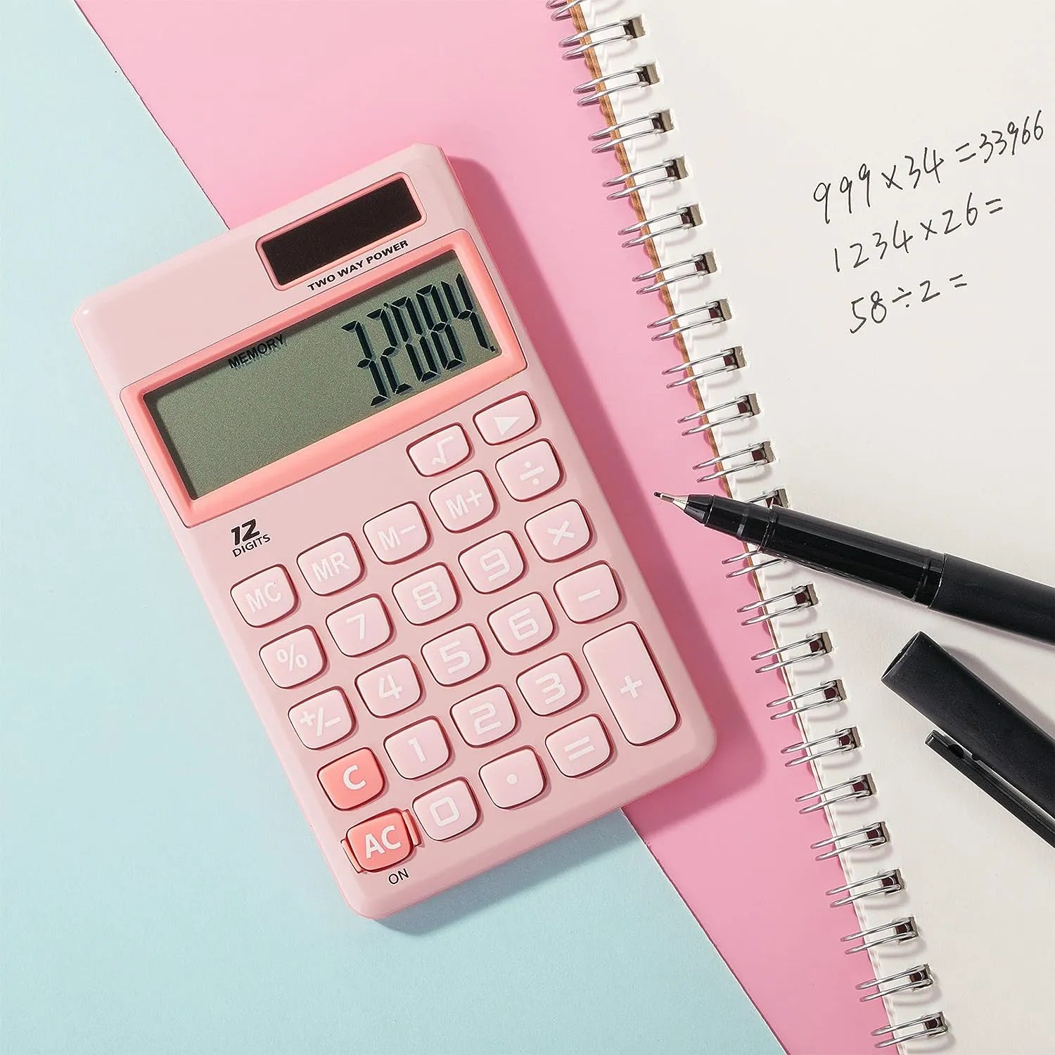 Cute Basic Calculator - 12-Digit, Light Pink, Solar Powered, Handheld