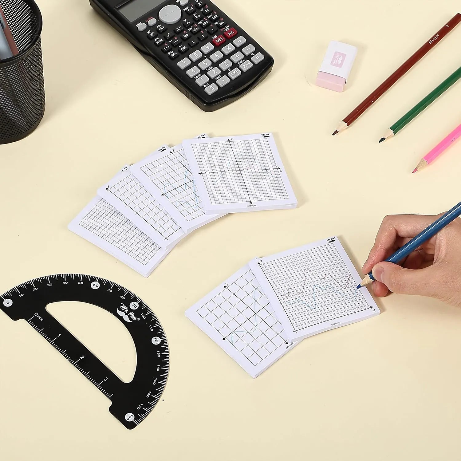 Graph Paper Sticky Notes 3x3 Inches, 6 Pads, White, 6 Designs, 300 Sheets Total