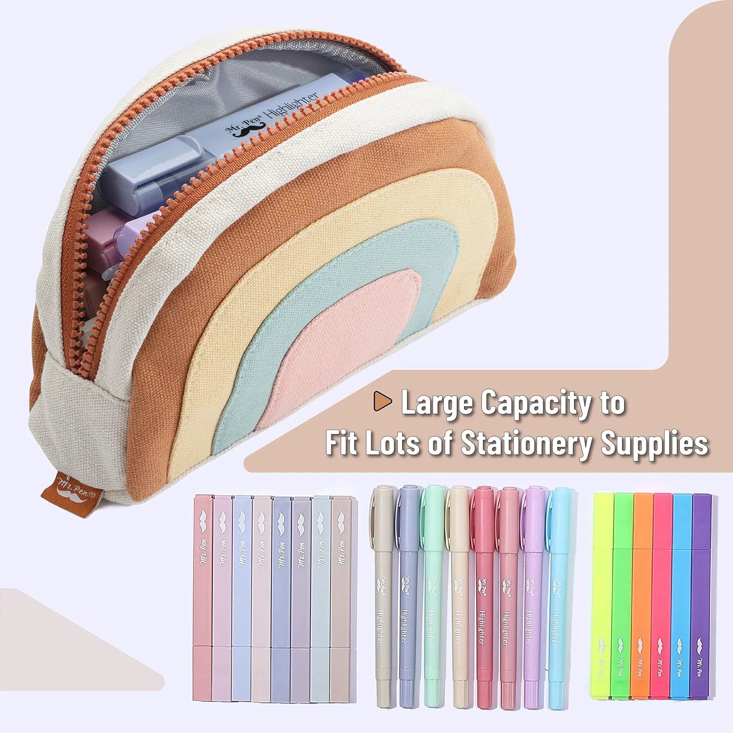 Large Boho Pencil Pouch with Rainbow Canvas and Zipper for School and College