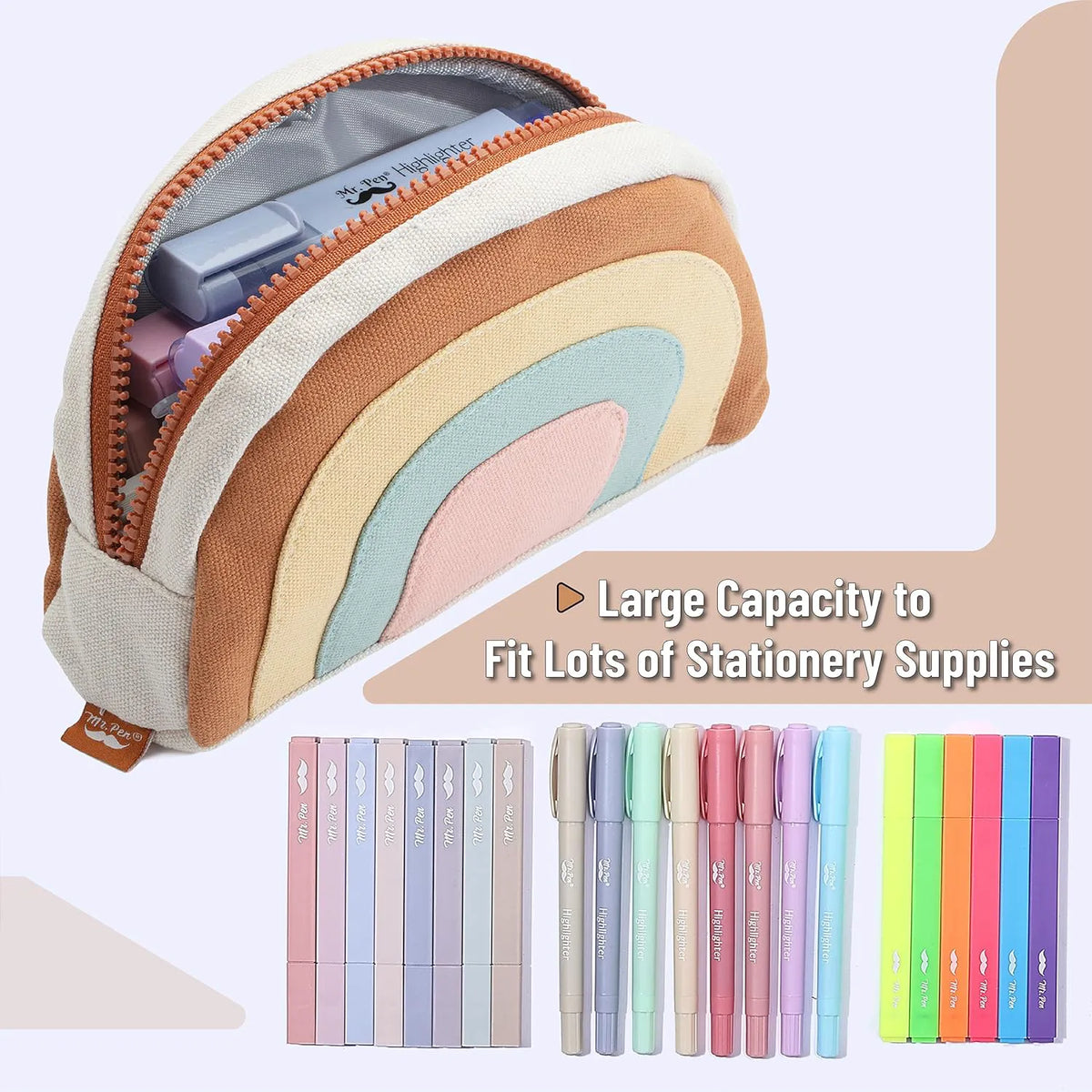 Large Boho Pencil Pouch with Rainbow Canvas and Zipper for School and College