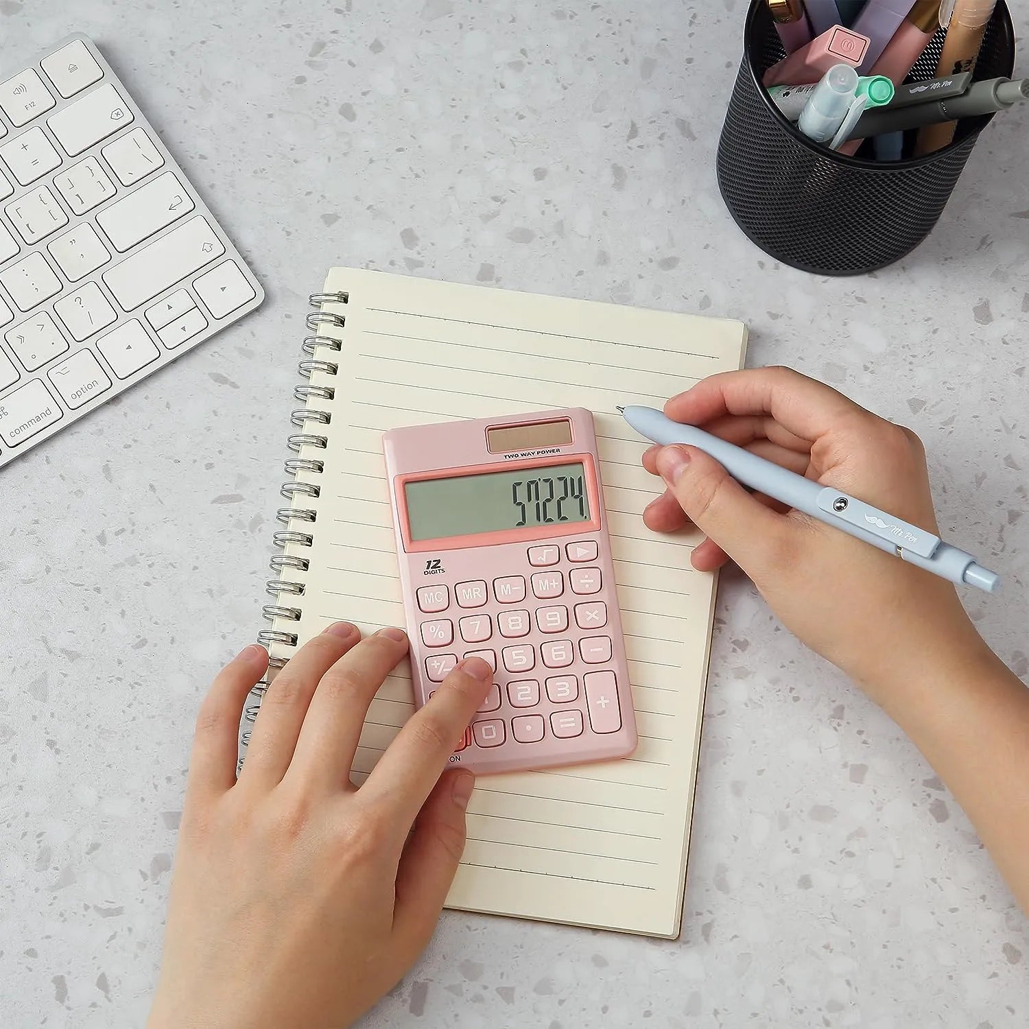 Cute Basic Calculator - 12-Digit, Light Pink, Solar Powered, Handheld