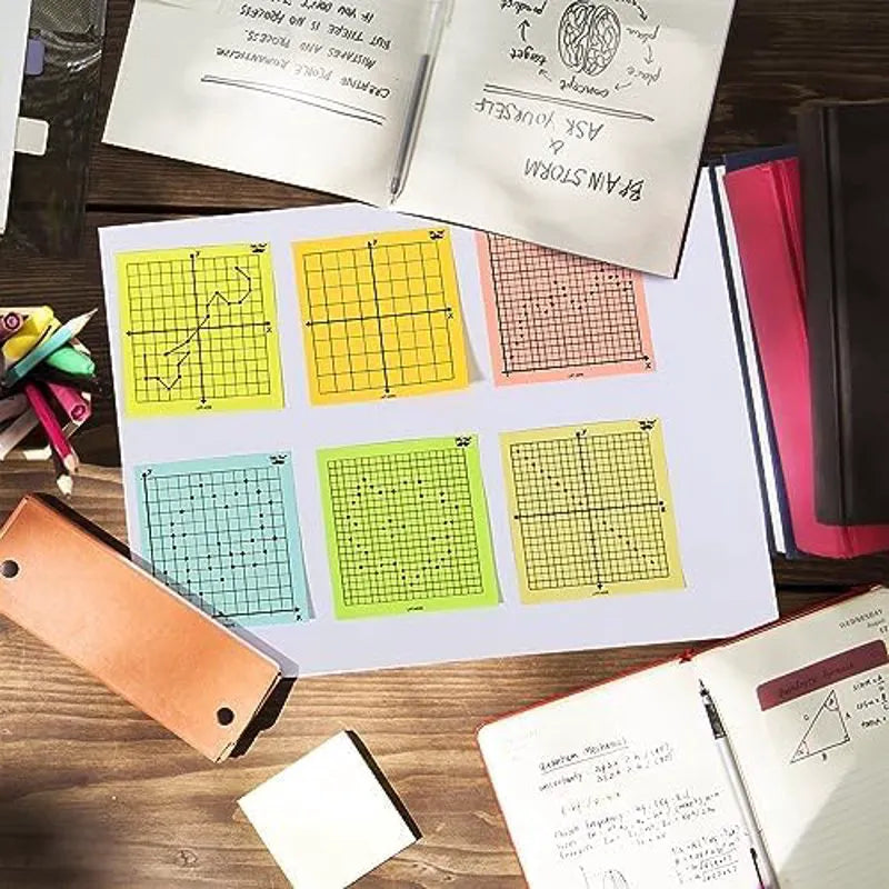 Graph Paper Sticky Notes 3x3, 6 Pads, Bright Colors, 300 Sheets