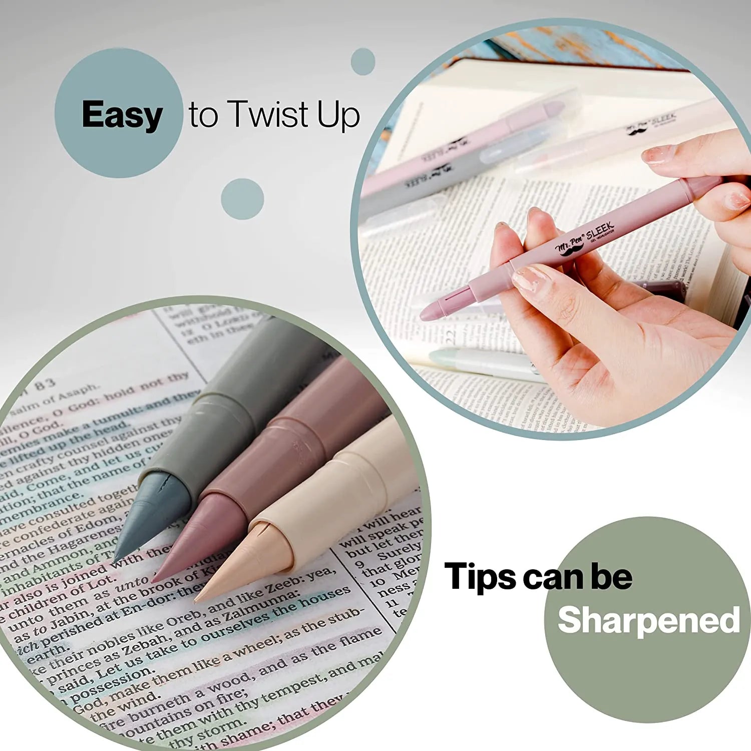 Gel Highlighters, 8 Pack, No-Bleed, Twist-Up Design, Sharpenable Tips, Smooth Glide, Perfect for Bible Pages