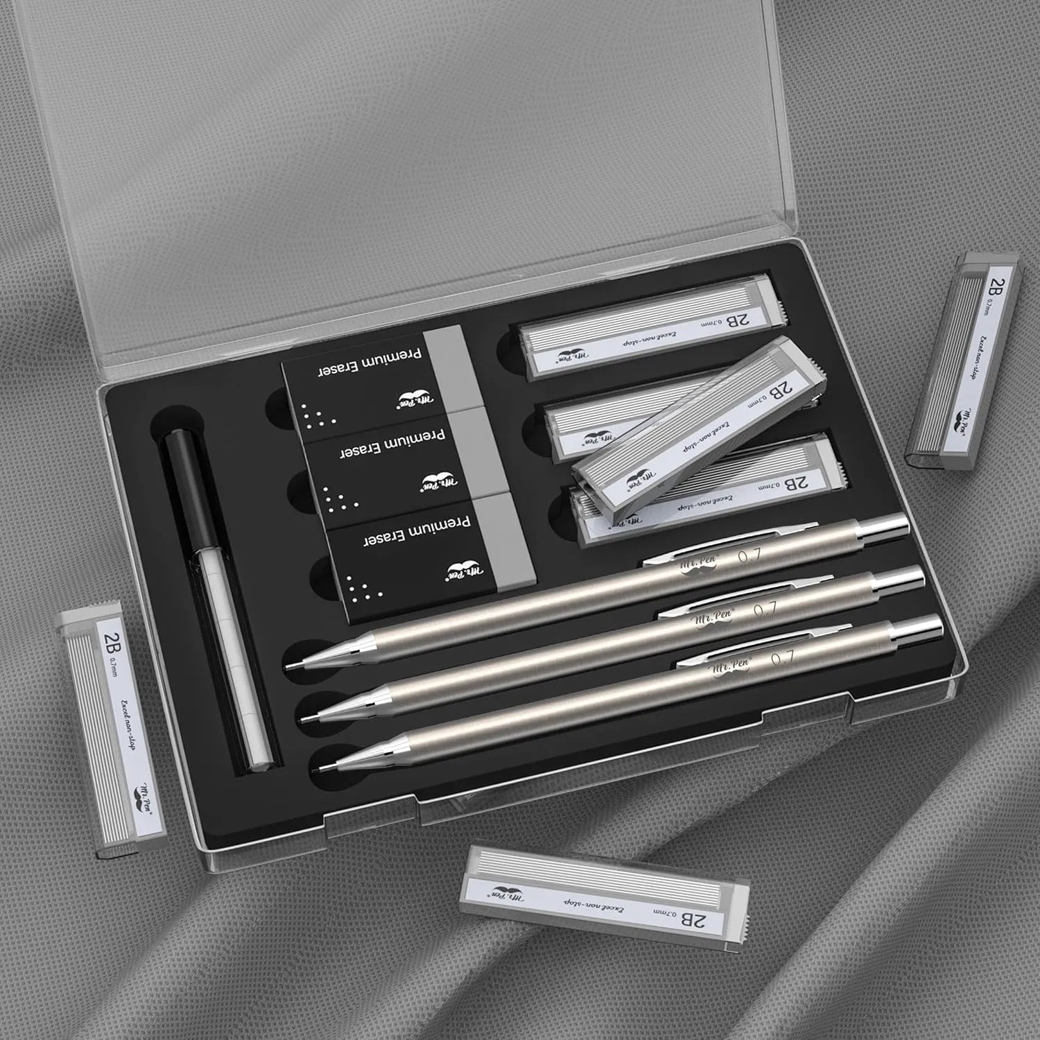 Metal Mechanical Pencil Set - 0.7mm, 3 Pack with Leads & Erasers