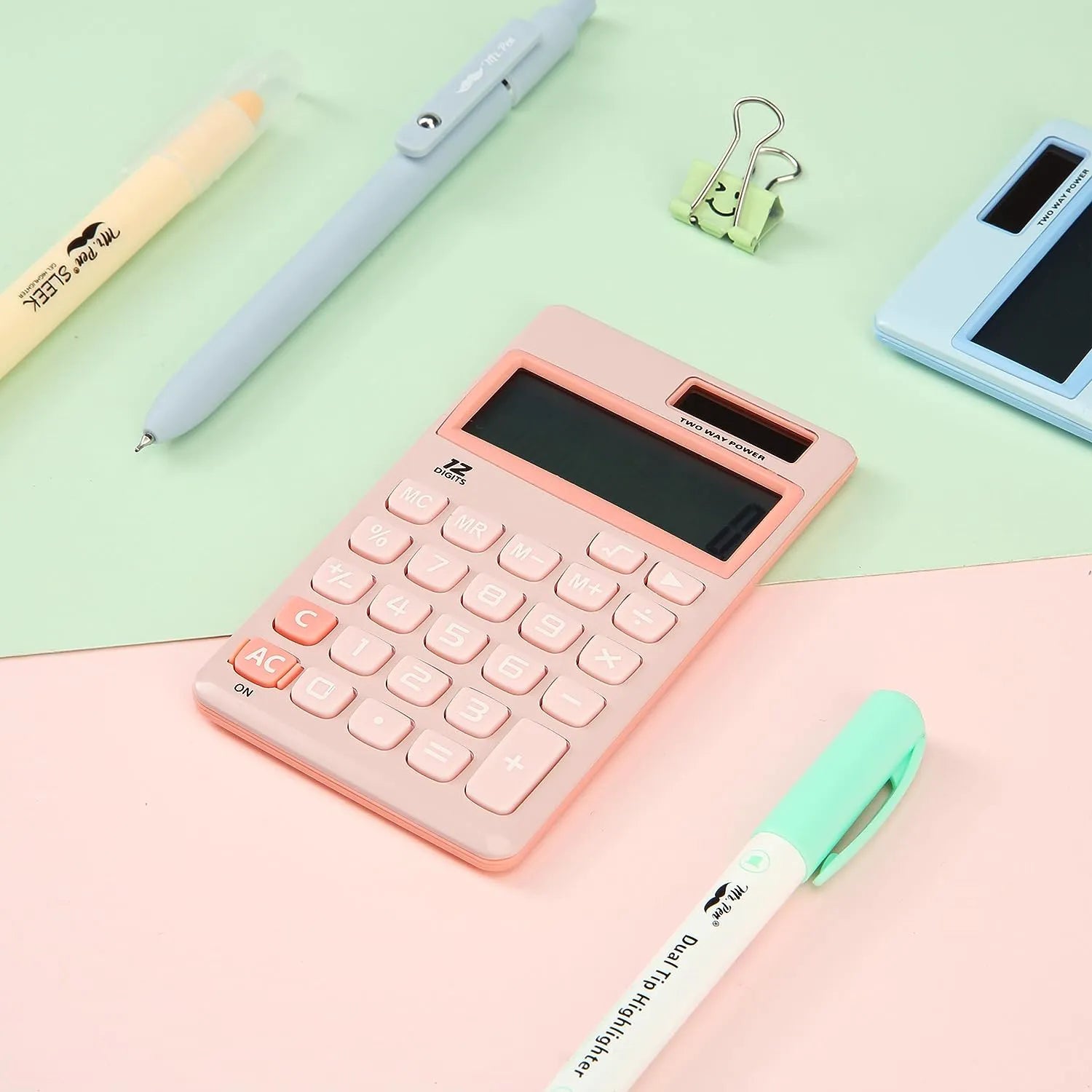 Cute Basic Calculator - 12-Digit, Light Pink, Solar Powered, Handheld