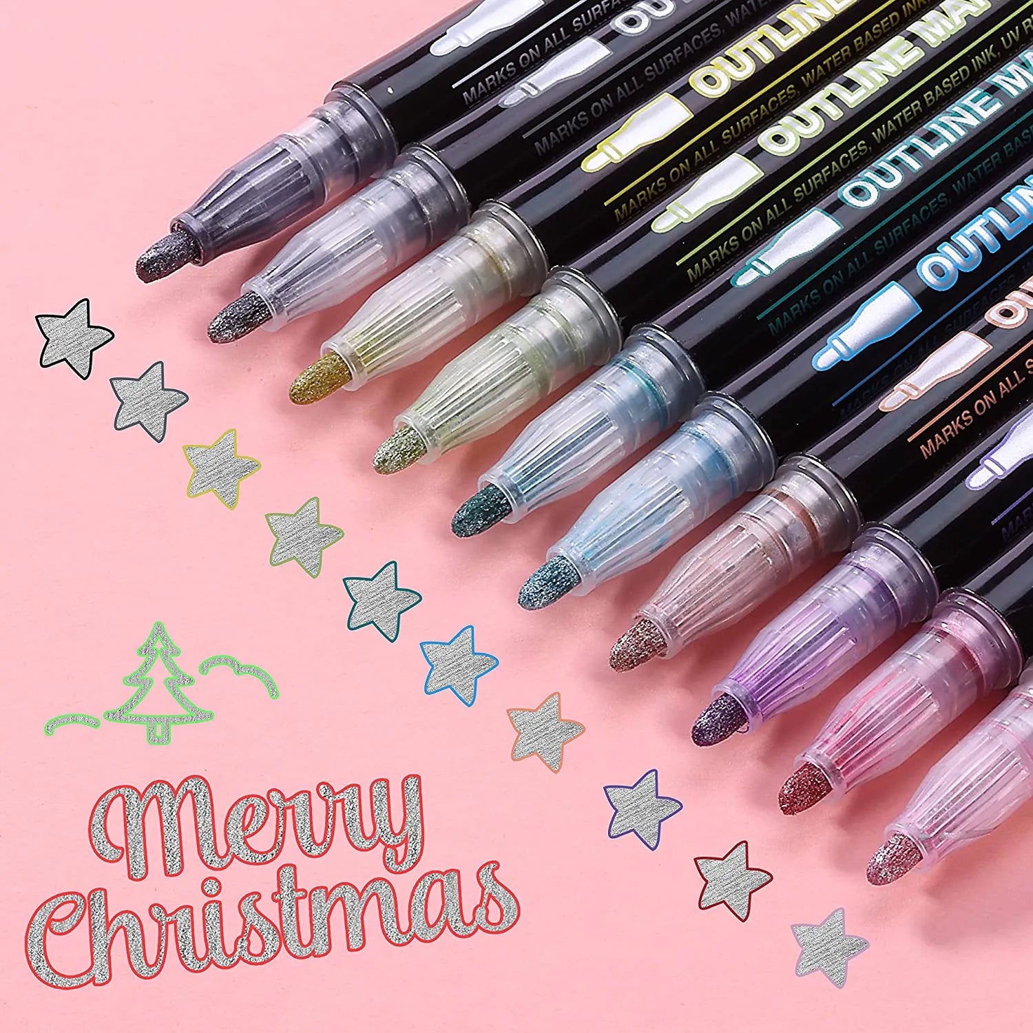 Double Line Outline Markers, 10 Pack, Shimmer Metallic Colors
