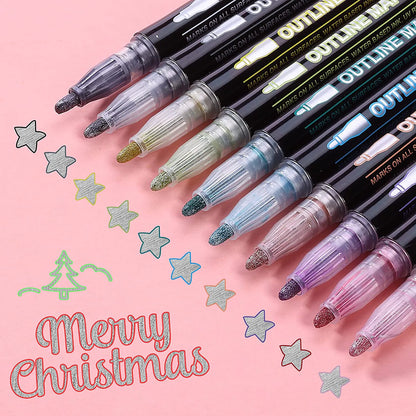 Double Line Outline Markers, 10 Pack, Shimmer Metallic Colors