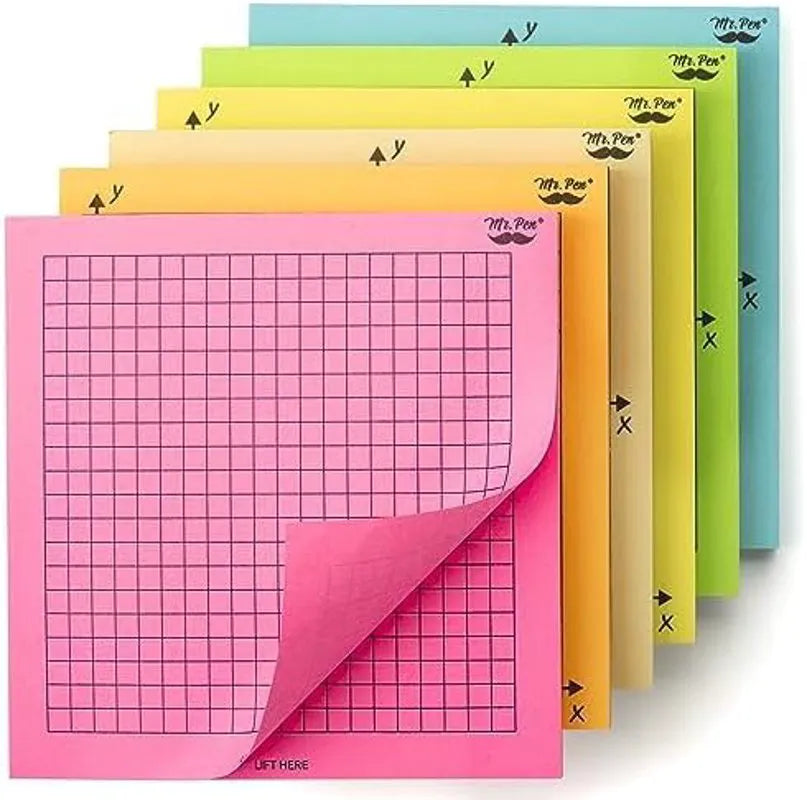 Graph Paper Sticky Notes 3x3, 6 Pads, Bright Colors, 300 Sheets