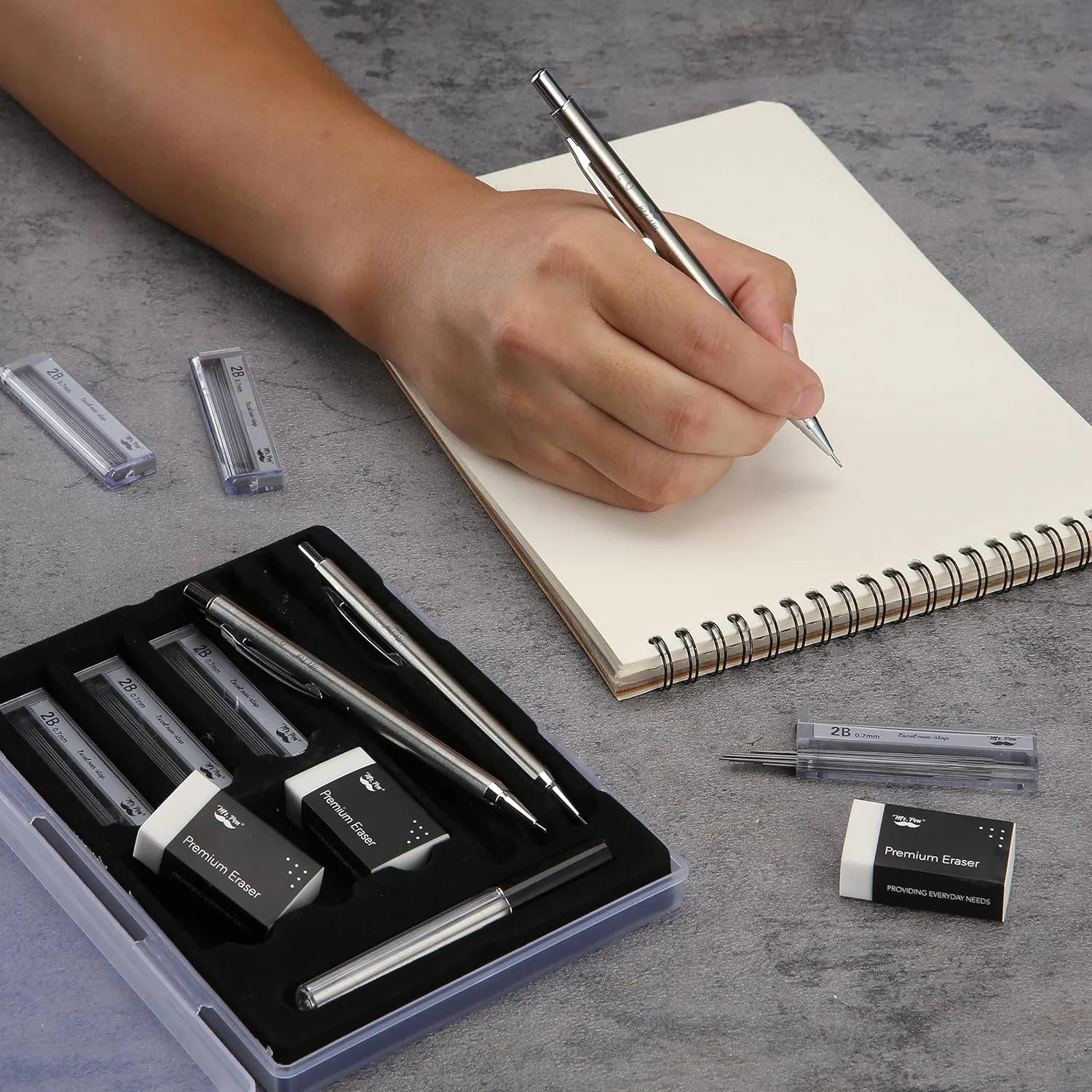Metal Mechanical Pencil Set - 0.7mm, 3 Pack with Leads & Erasers