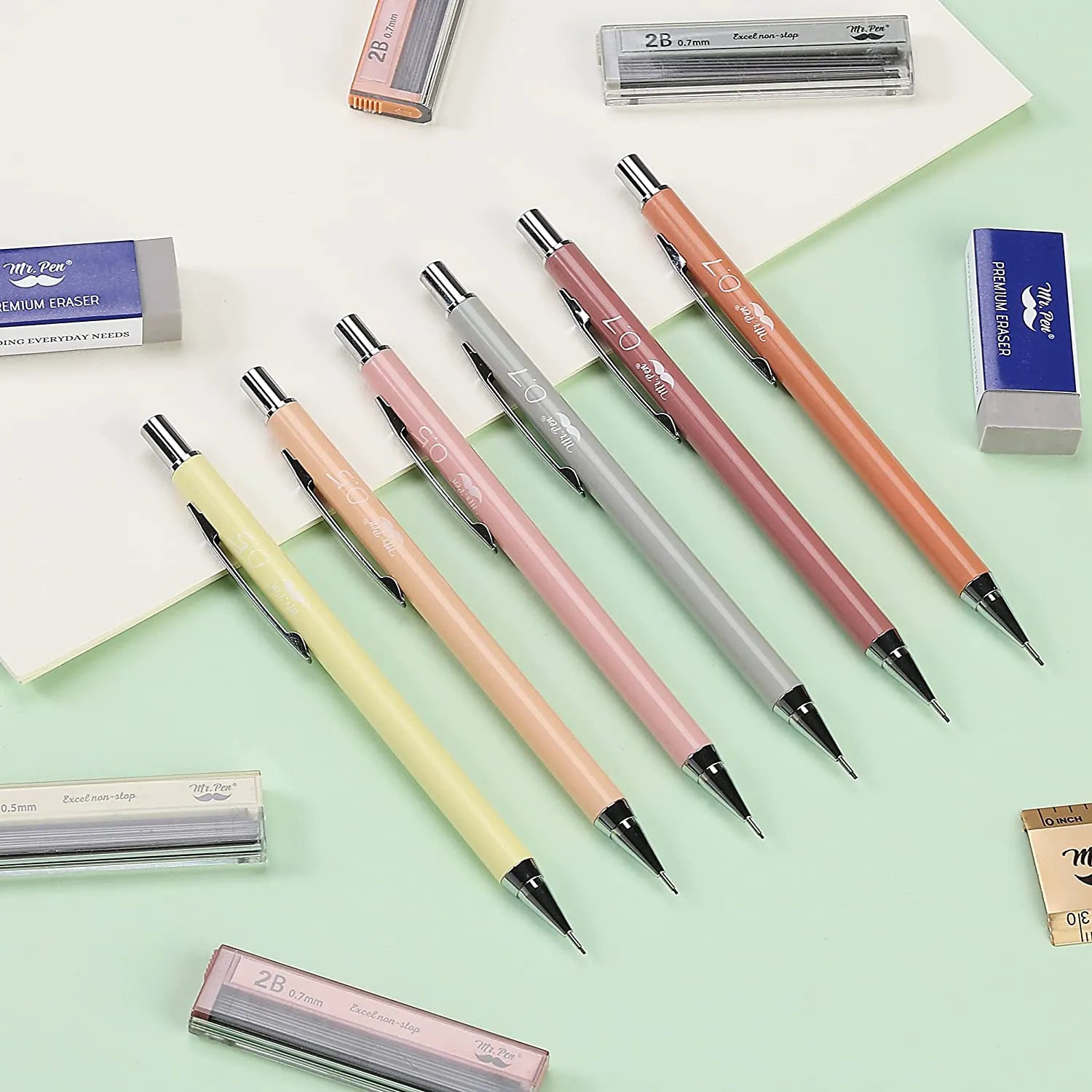 Pastel Boho Mechanical Pencils 6-Pack with 0.5mm & 0.7mm Refills