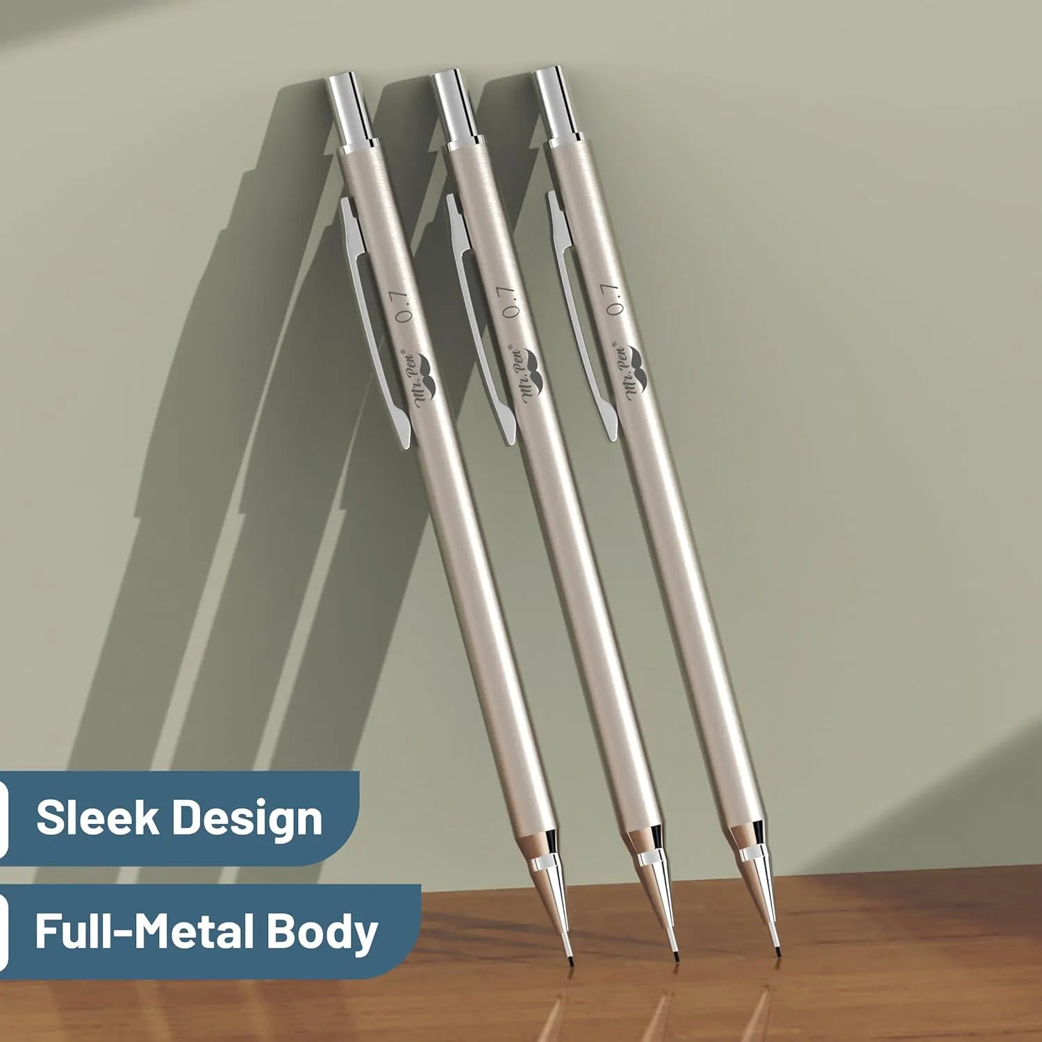 Metal Mechanical Pencil Set - 0.7mm, 3 Pack with Leads & Erasers