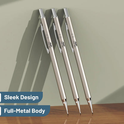Metal Mechanical Pencil Set - 0.7mm, 3 Pack with Leads & Erasers