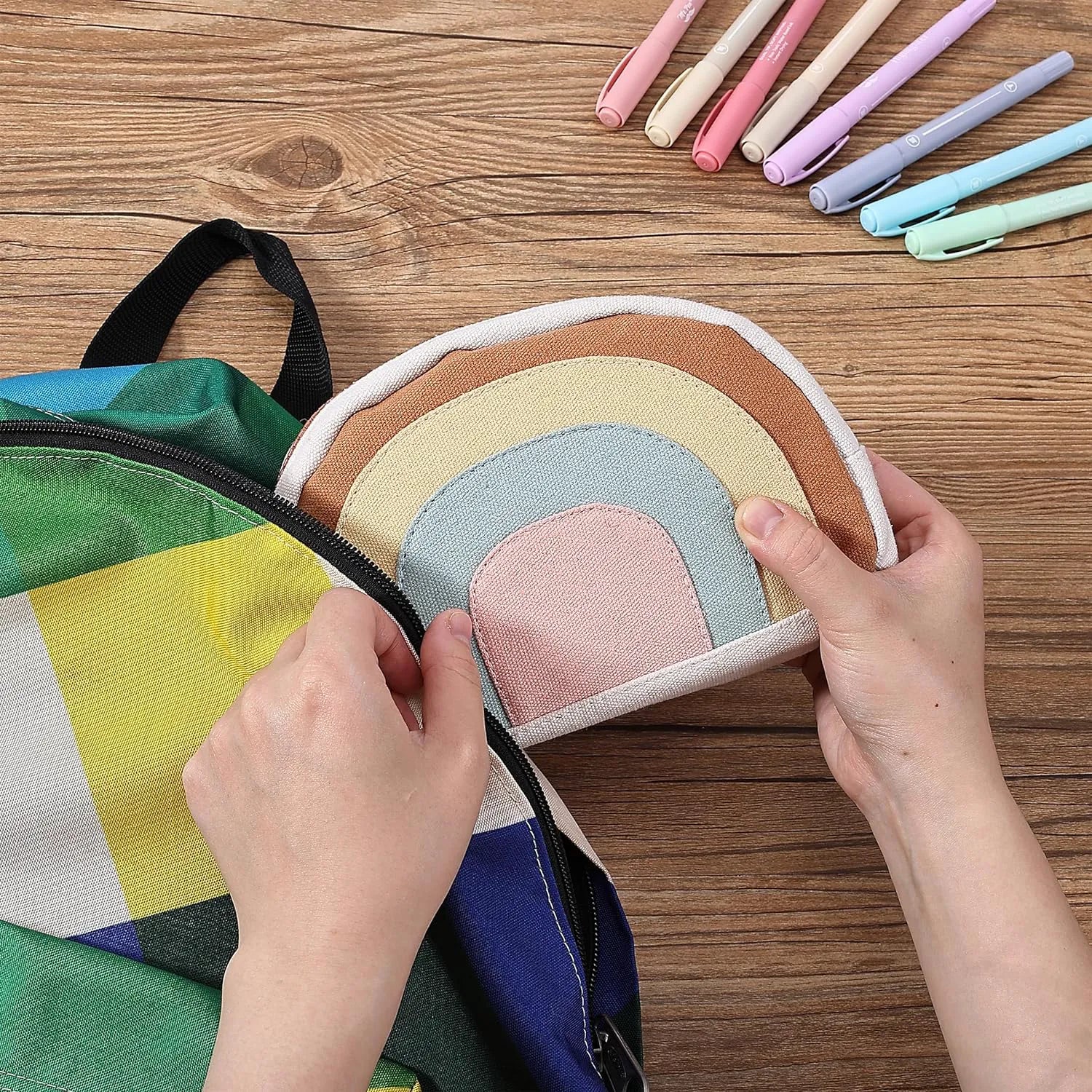Large Boho Pencil Pouch with Rainbow Canvas and Zipper for School and College