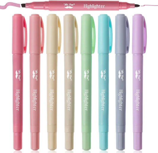 Dual Tip Highlighters, Assorted Colors, 8 Pack, Fine & Chisel Tip, Cute Highlighter Pens & Markers