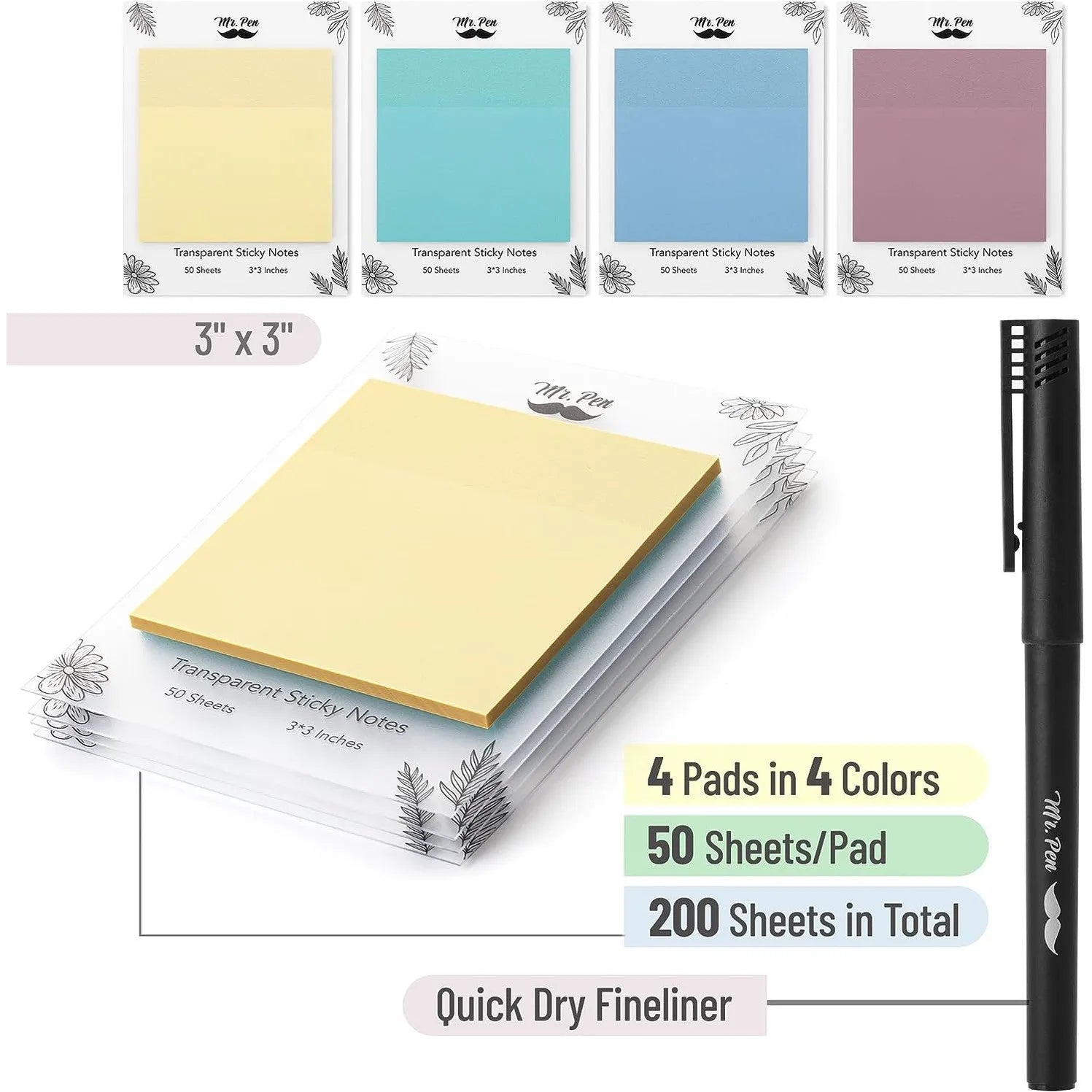 Pastel Transparent Sticky Notes 3x3