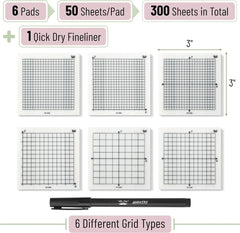 Transparent Graph Paper Sticky Notes 3x3 with Fineliner - 300 Sheets