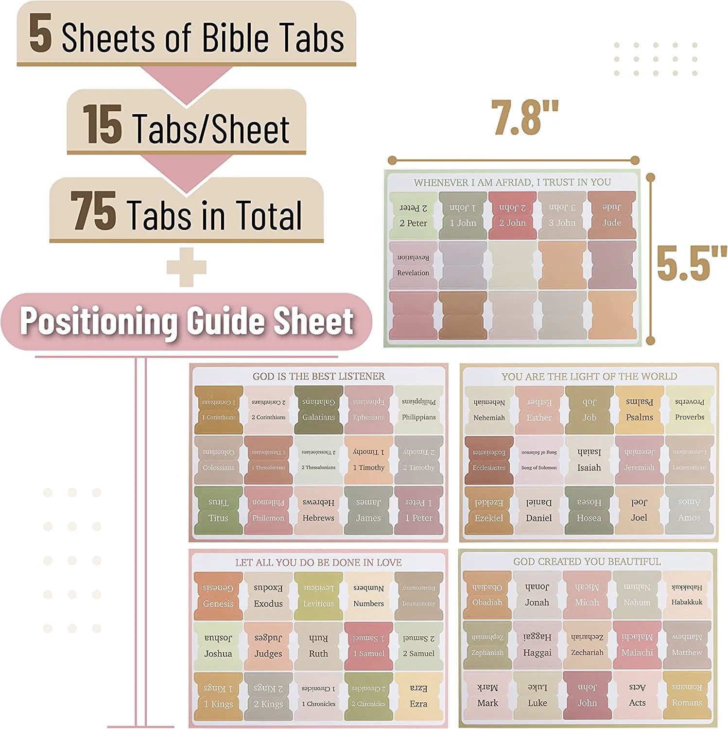 Bible Tabs - 75 Boho Themed Laminated Tabs for Old & New Testament, Easy Apply Journal Tabs
