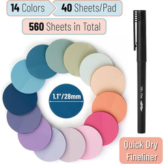 560 Pcs Transparent Round Sticky Notes, Assorted Colors, 28mm, with Quick-Dry Pen