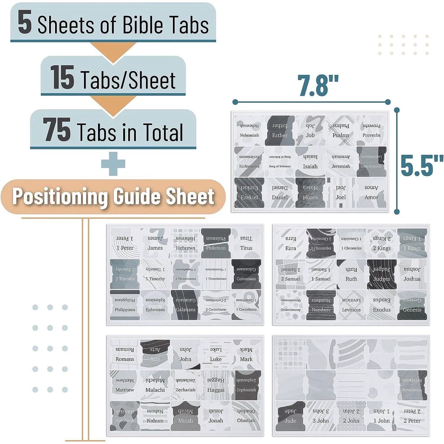 Bible Tabs - 75 Gray Laminated Tabs for Old & New Testament, Neutral Design, Easy to Apply