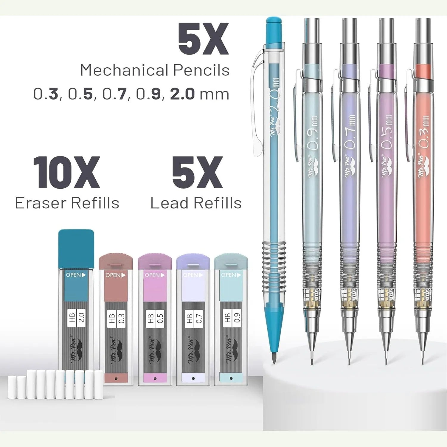 Pastel Mechanical Pencil Set with Refills, 5 Sizes, Clear Barrel