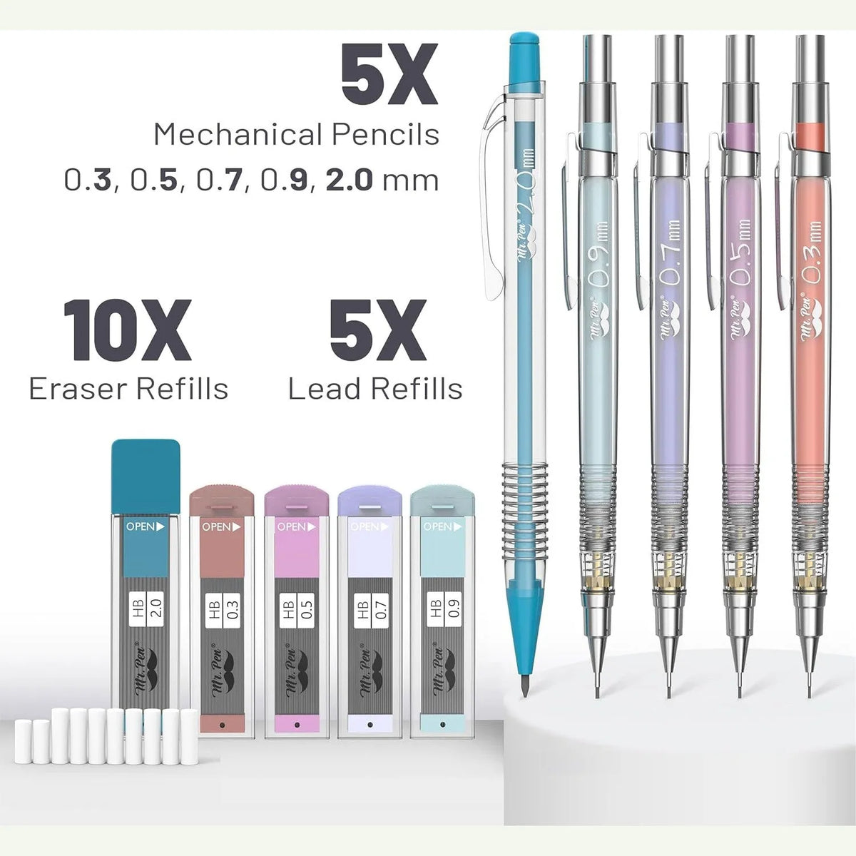 Pastel Mechanical Pencil Set with Refills, 5 Sizes, Clear Barrel