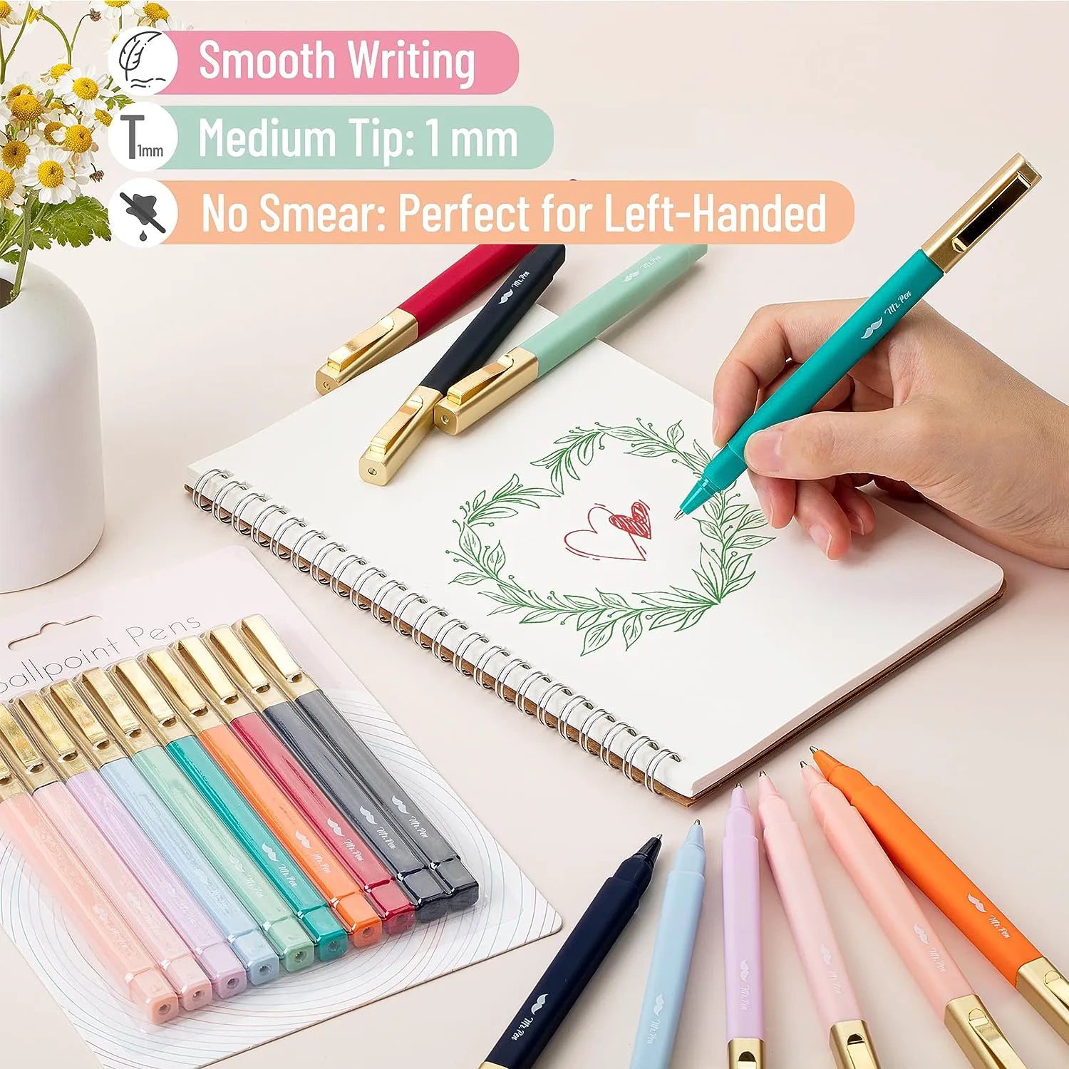 Aesthetic Pens 10 Pack - Assorted Colors, Fast-Dry, No Smear, No Bleed Through, Fine Point Ballpoint Pens for Note Taking