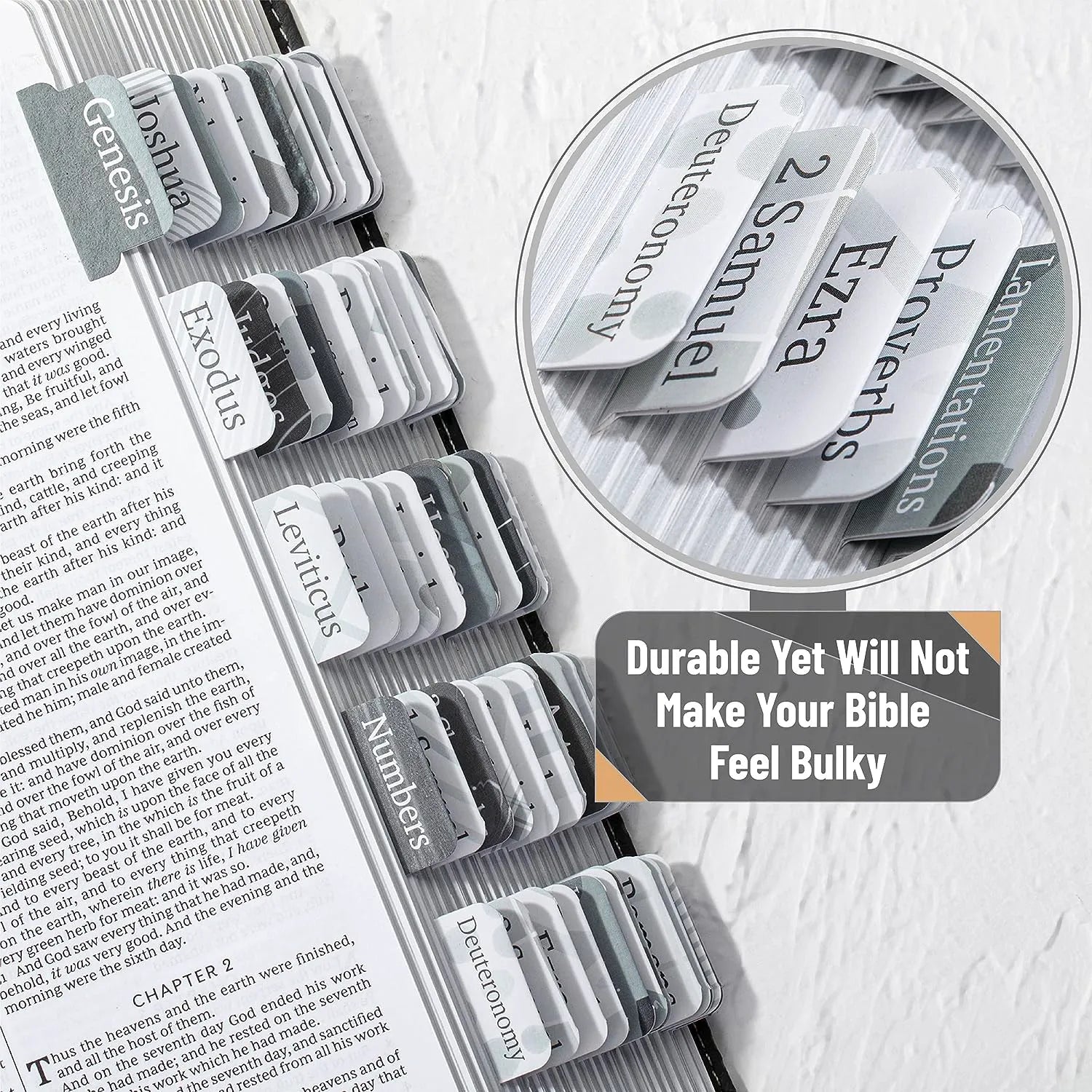 Bible Tabs - 75 Gray Laminated Tabs for Old & New Testament, Neutral Design, Easy to Apply