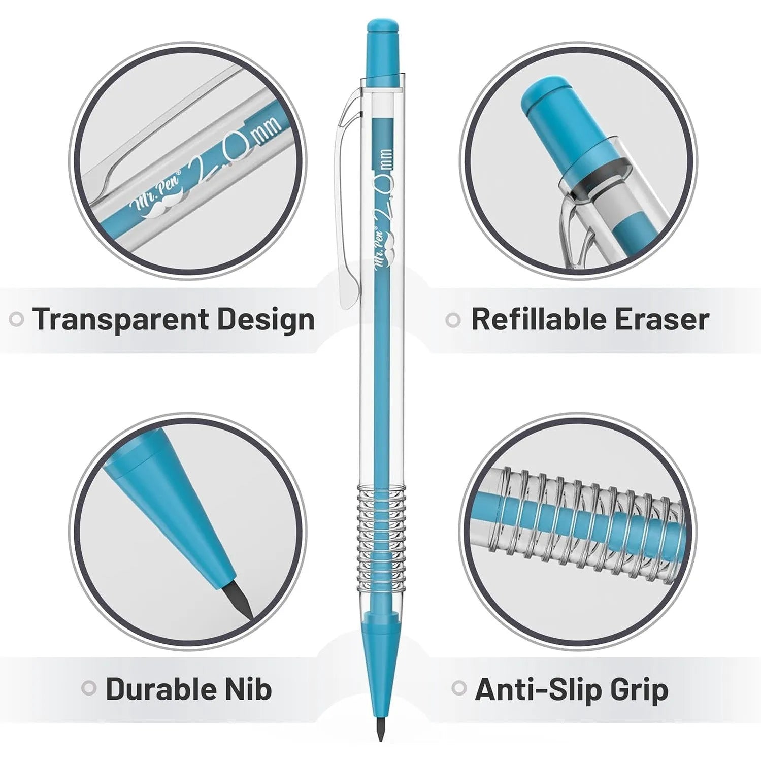 Pastel Mechanical Pencil Set with Refills, 5 Sizes, Clear Barrel