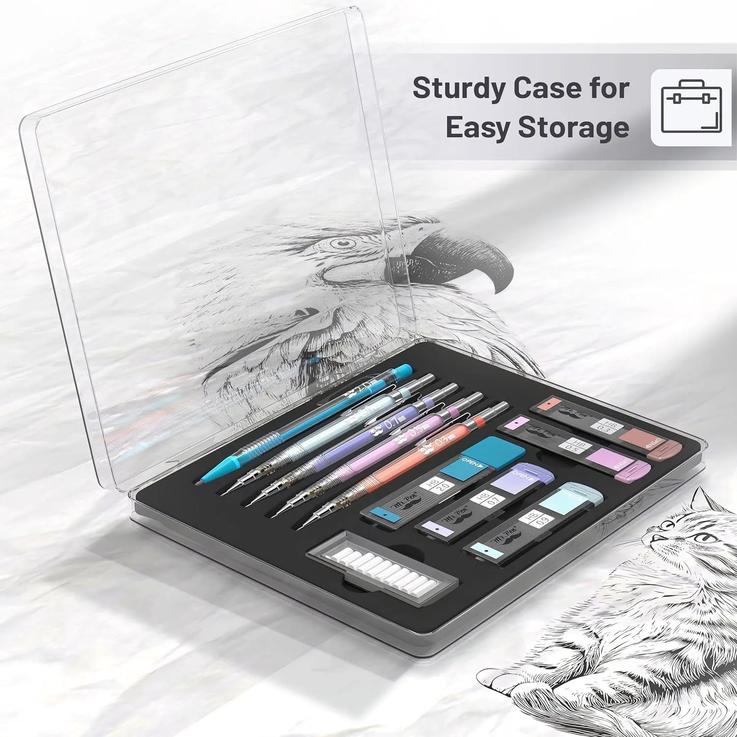 Pastel Mechanical Pencil Set with Refills, 5 Sizes, Clear Barrel