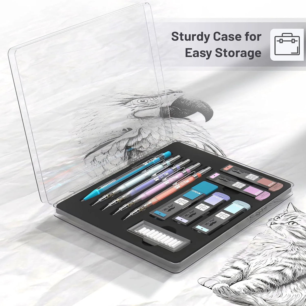 Pastel Mechanical Pencil Set with Refills, 5 Sizes, Clear Barrel