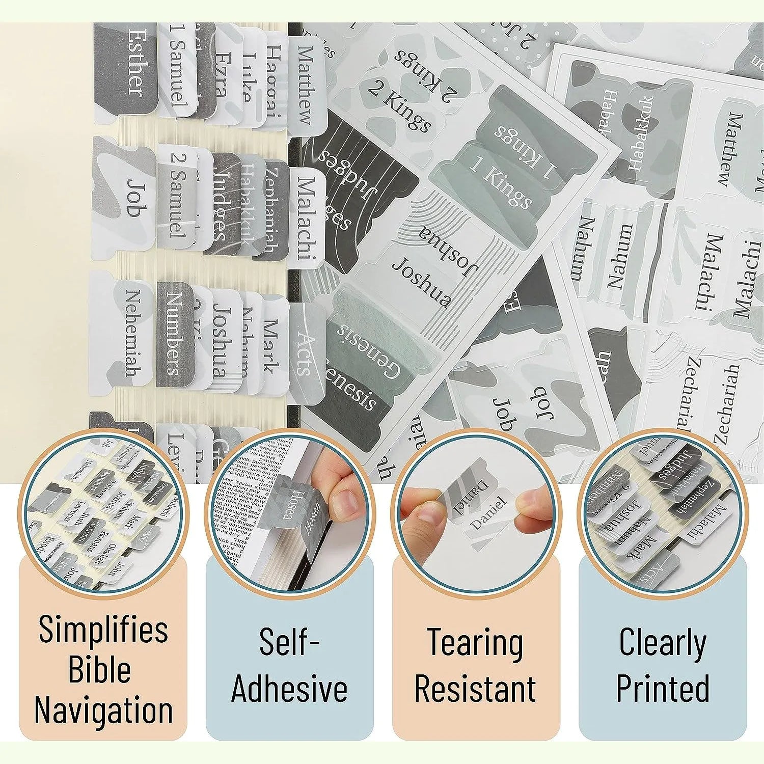Bible Tabs - 75 Gray Laminated Tabs for Old & New Testament, Neutral Design, Easy to Apply