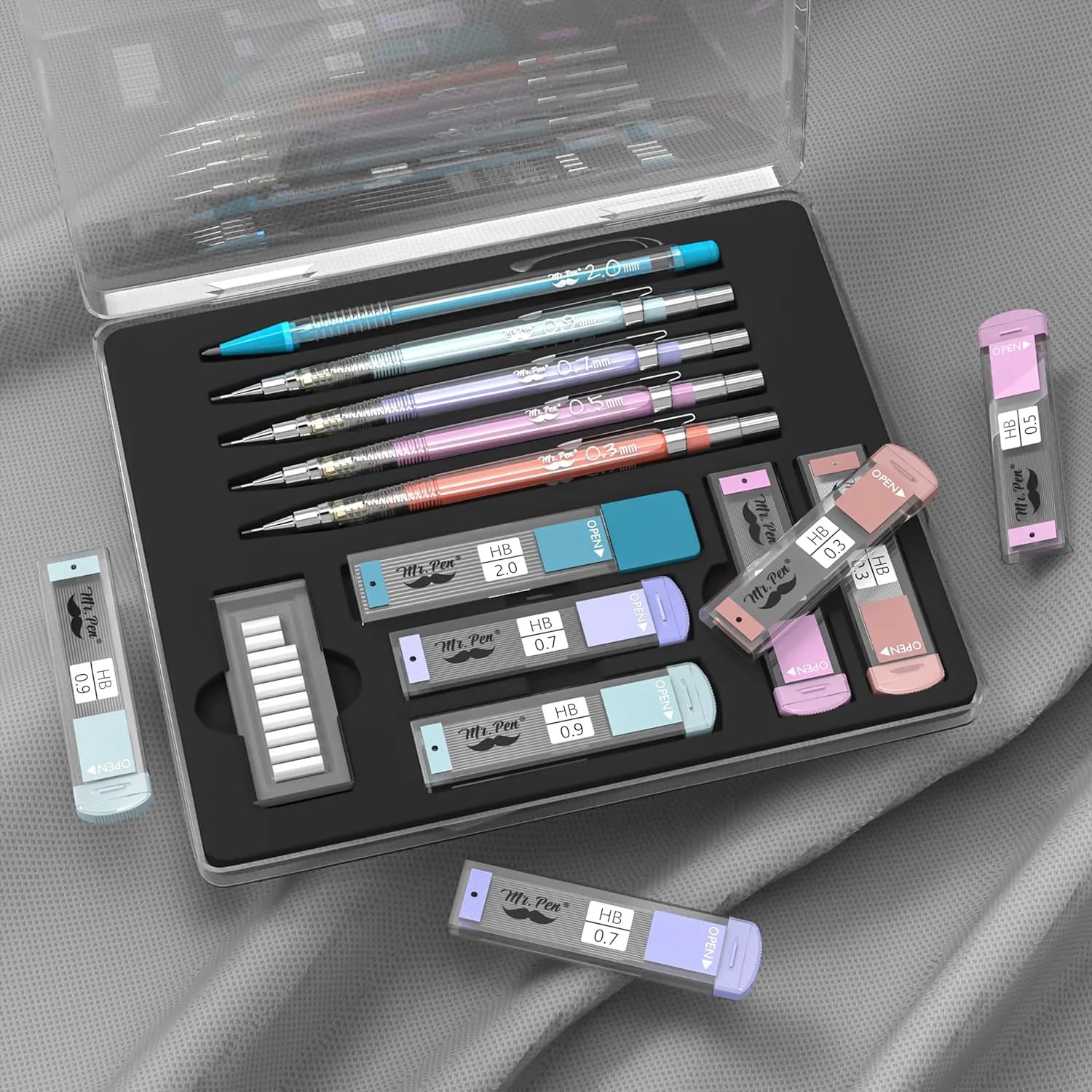 Pastel Mechanical Pencil Set with Refills, 5 Sizes, Clear Barrel