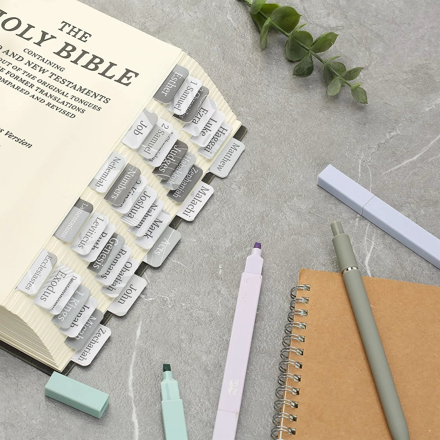 Bible Tabs - 75 Gray Laminated Tabs for Old & New Testament, Neutral Design, Easy to Apply