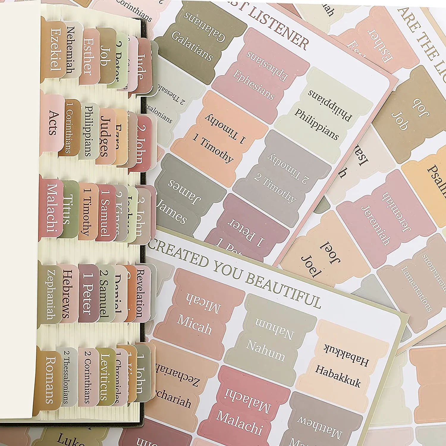 Bible Tabs - 75 Boho Themed Laminated Tabs for Old & New Testament, Easy Apply Journal Tabs