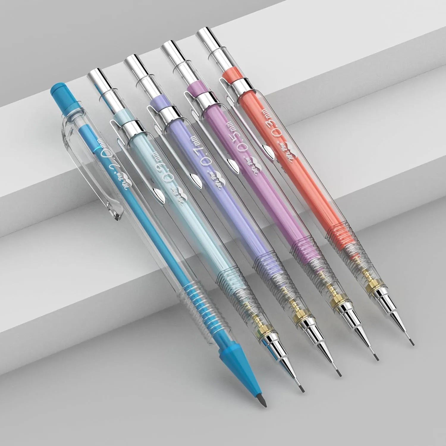 Pastel Mechanical Pencil Set with Refills, 5 Sizes, Clear Barrel