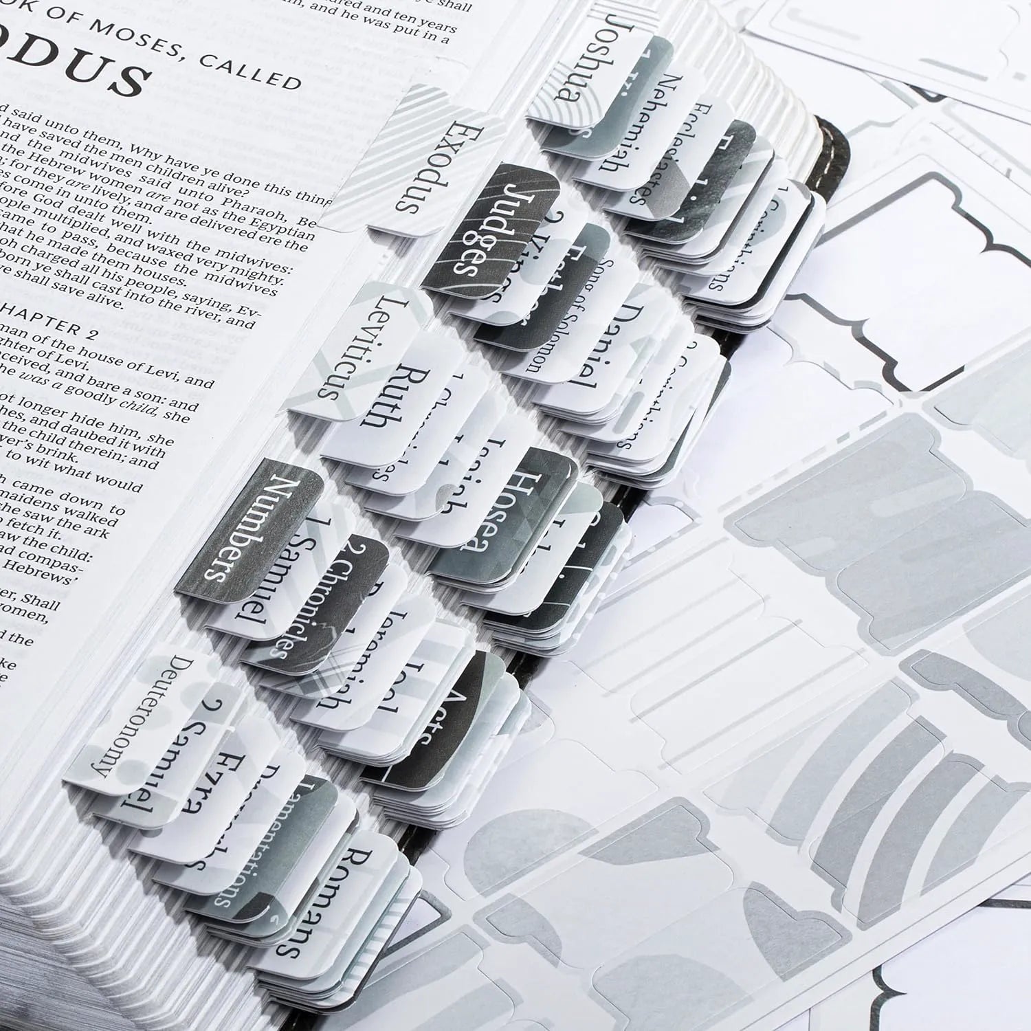 Bible Tabs - 75 Gray Laminated Tabs for Old & New Testament, Neutral Design, Easy to Apply